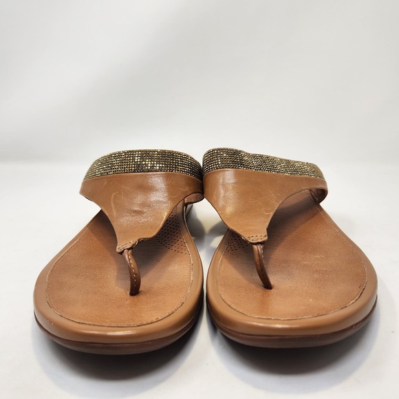 FitFlop Womens Banda Brown Leather Gold Crystal Thong Sandals Size 9 Toe Post - Picture 4 of 9